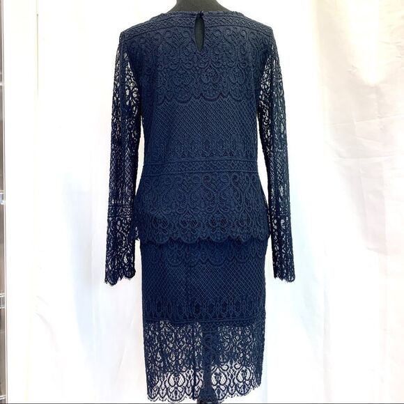 ADIVA Navy blue stretchy lace overlay long sleeve skirt blouse set size medium - Picture 5 of 14